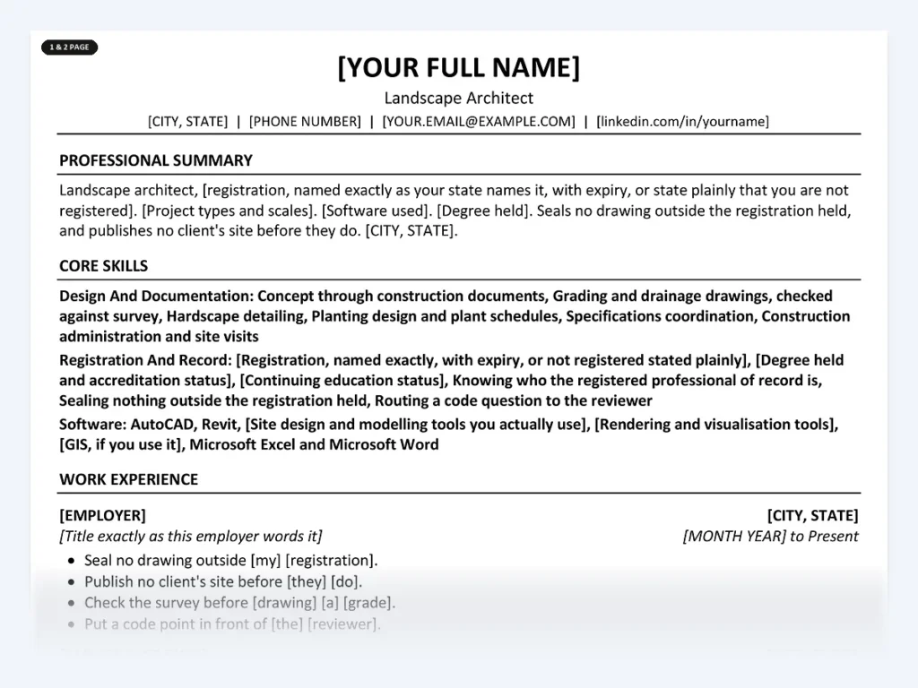 Landscape Architect resume template, one page, ATS-friendly layout