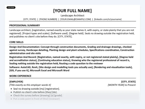 Landscape Architect resume template, one page, ATS-friendly layout