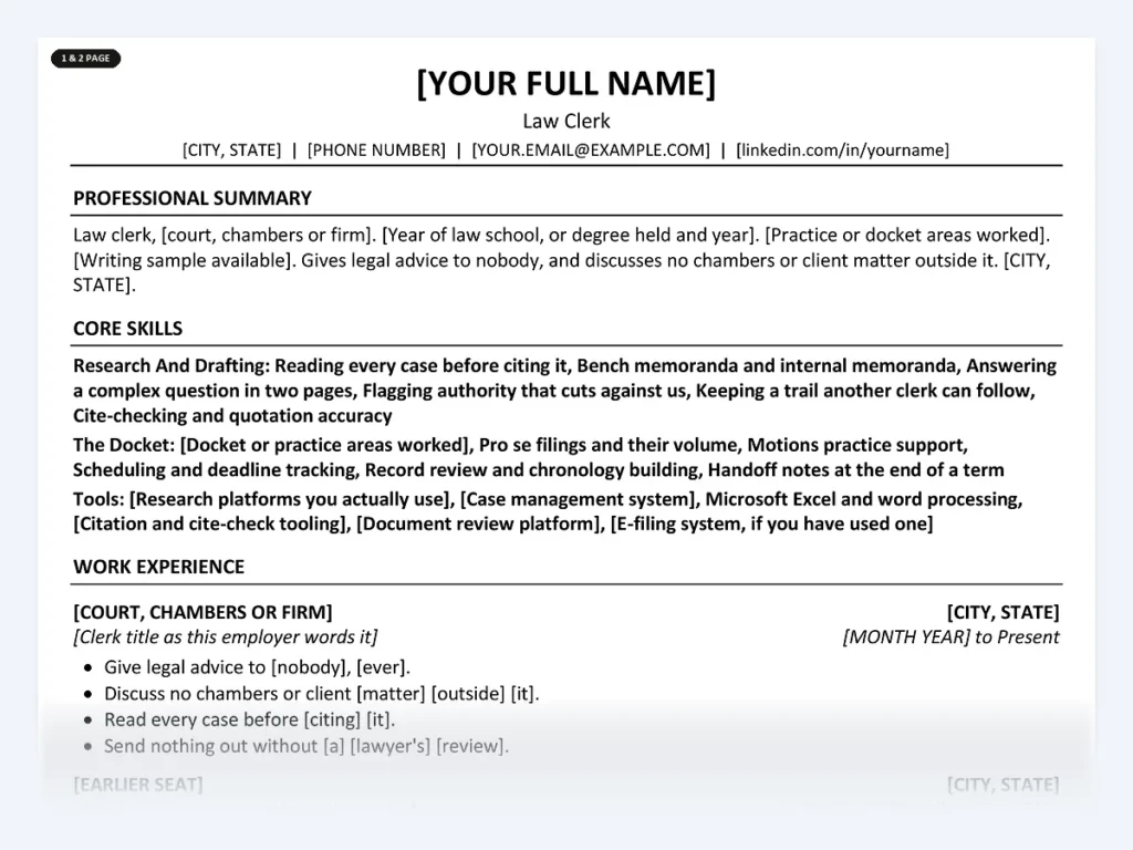 Law Clerk resume template, one page, ATS-friendly layout