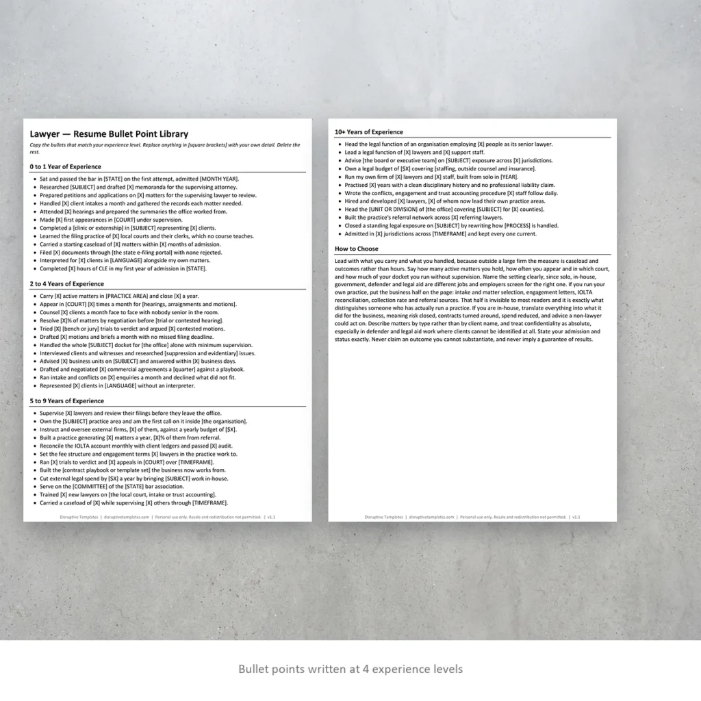 Lawyer resume bullet points written at four experience levels