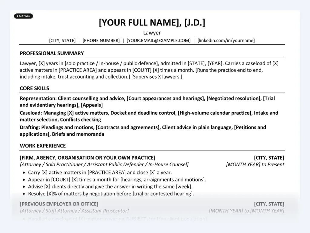 Lawyer resume template, one page, ATS-friendly layout