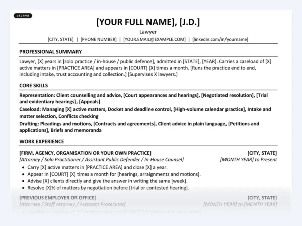 Lawyer resume template, one page, ATS-friendly layout