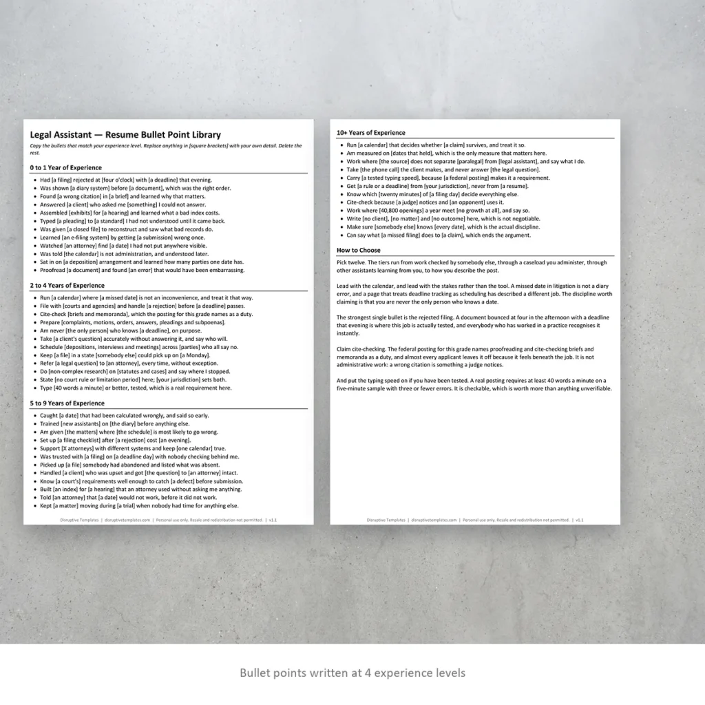 Legal Assistant resume bullet points written at four experience levels