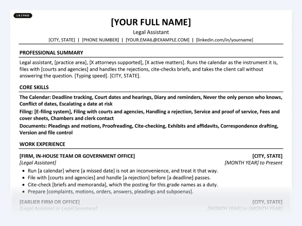 Legal Assistant resume template, one page, ATS-friendly layout