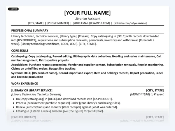 Librarian Assistant resume template, one page, ATS-friendly layout