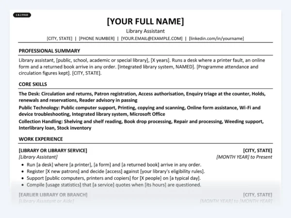 Library Assistant resume template, one page, ATS-friendly layout
