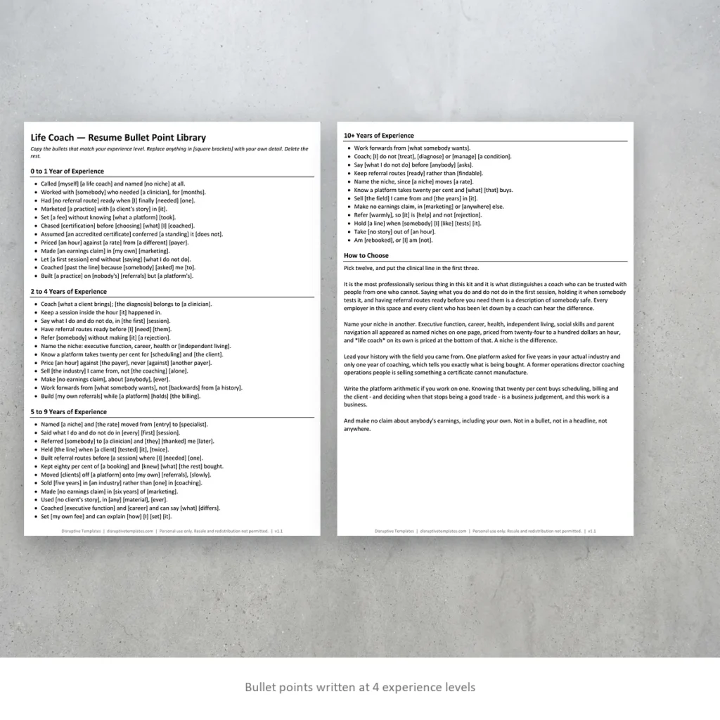 Life Coach resume bullet points written at four experience levels