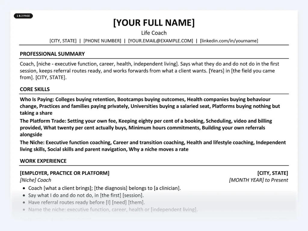 Life Coach resume template, one page, ATS-friendly layout