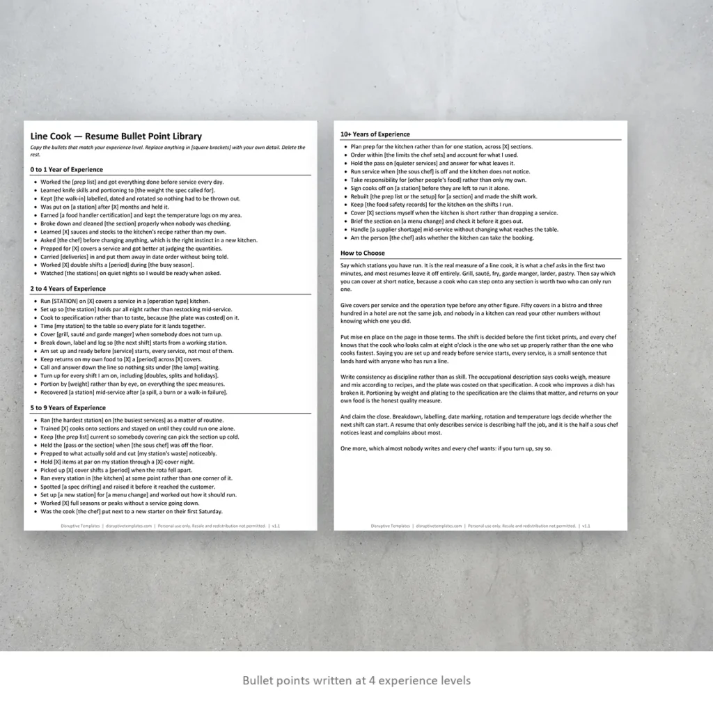 Line Cook resume bullet points written at four experience levels