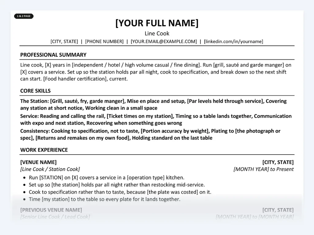 Line Cook resume template, one page, ATS-friendly layout