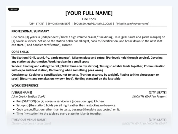 Line Cook resume template, one page, ATS-friendly layout