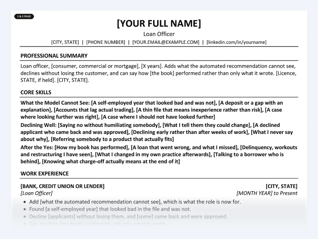 Loan Officer resume template, one page, ATS-friendly layout