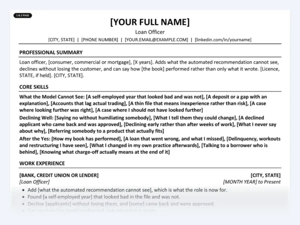 Loan Officer resume template, one page, ATS-friendly layout