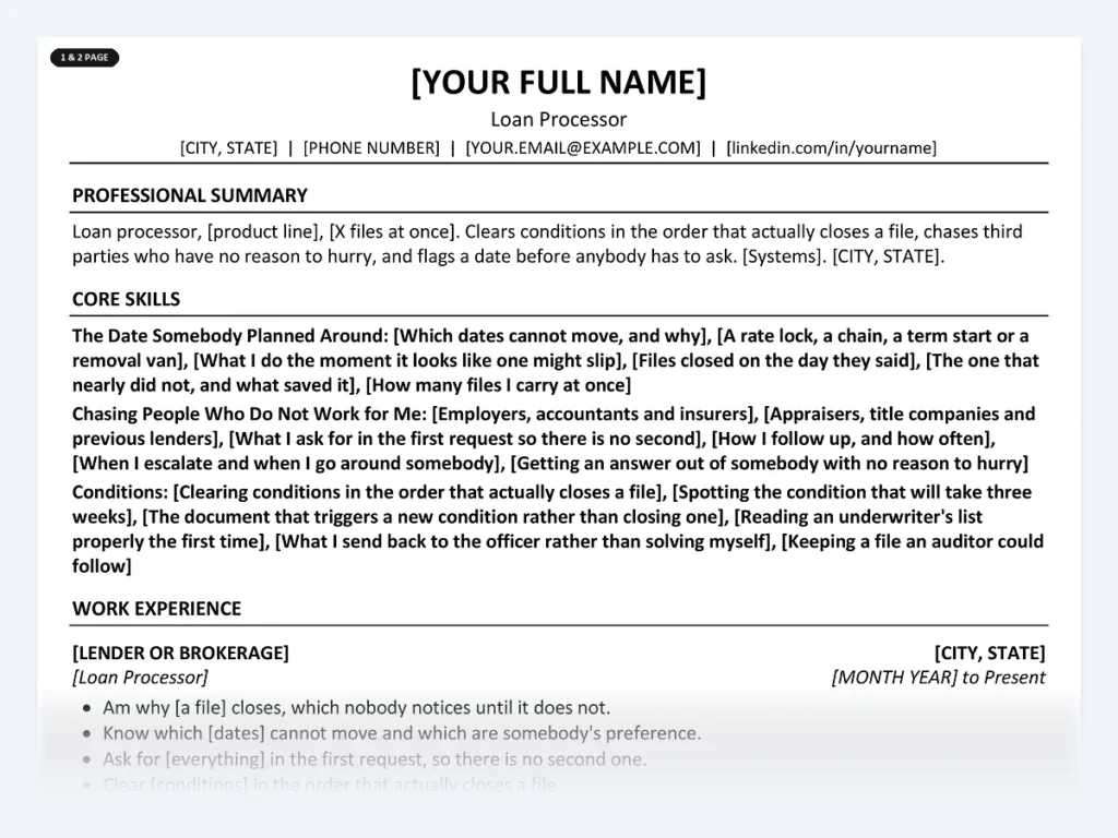 Loan Processor resume template, one page, ATS-friendly layout