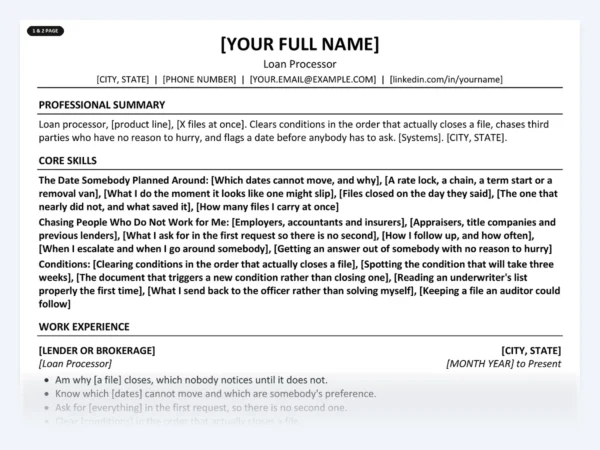 Loan Processor resume template, one page, ATS-friendly layout