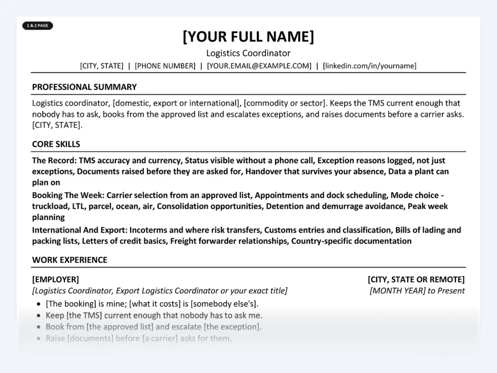 Logistics Coordinator resume template, one page, ATS-friendly layout