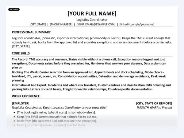 Logistics Coordinator resume template, one page, ATS-friendly layout