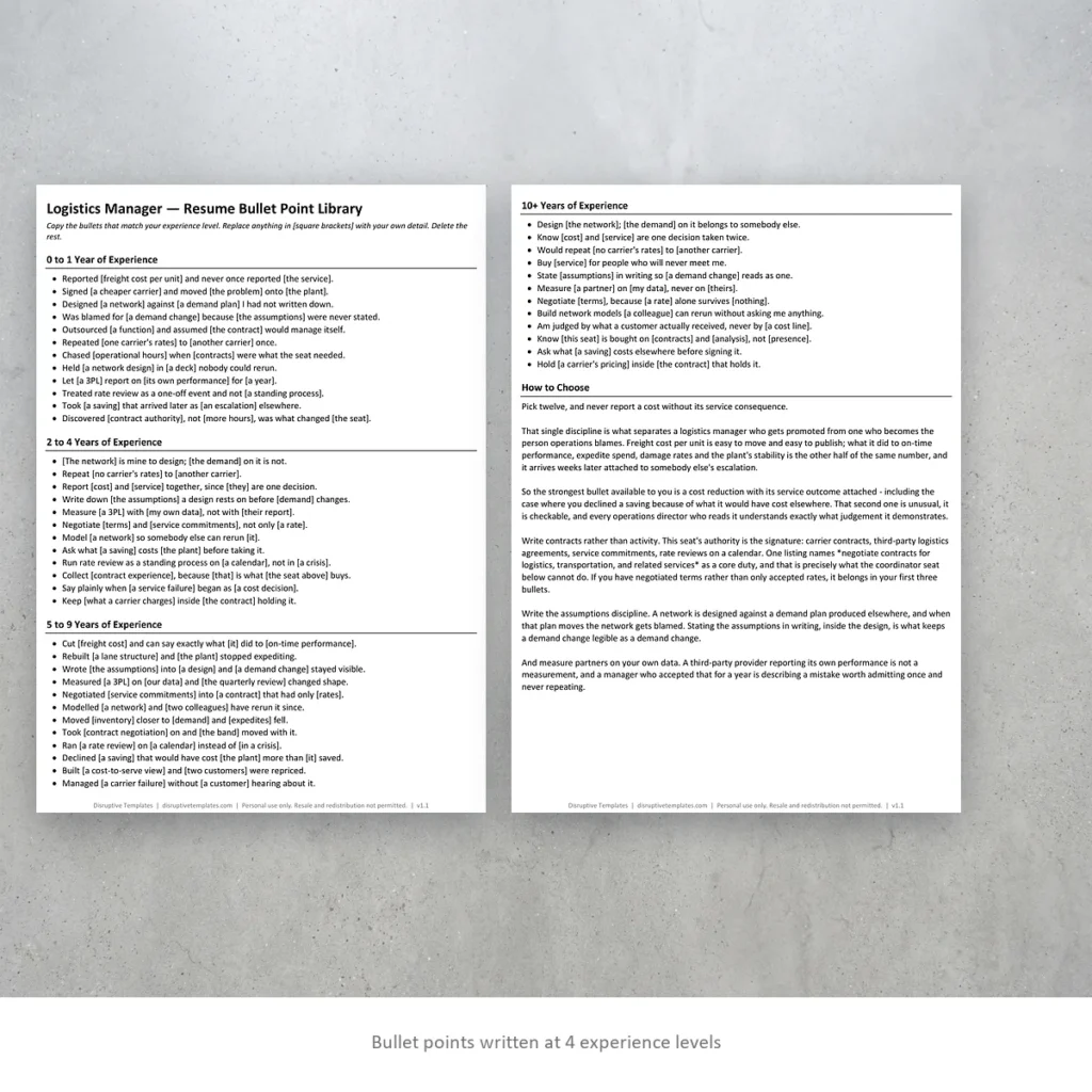 Logistics Manager resume bullet points written at four experience levels