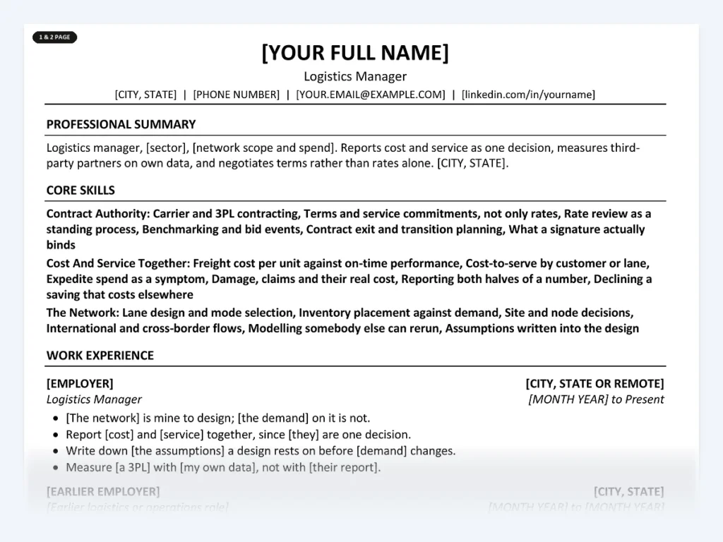 Logistics Manager resume template, one page, ATS-friendly layout