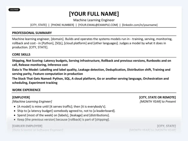 Machine Learning Engineer resume template, one page, ATS-friendly layout