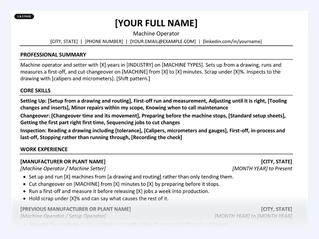Machine Operator resume template, one page, ATS-friendly layout