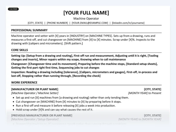 Machine Operator resume template, one page, ATS-friendly layout