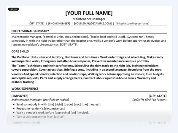 Maintenance Manager resume template, one page, ATS-friendly layout