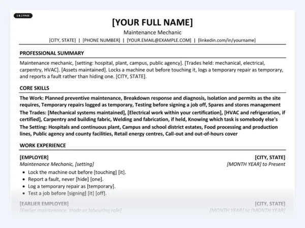 Maintenance Mechanic resume template, one page, ATS-friendly layout