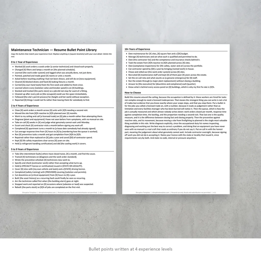 Maintenance Technician resume bullet points written at four experience levels
