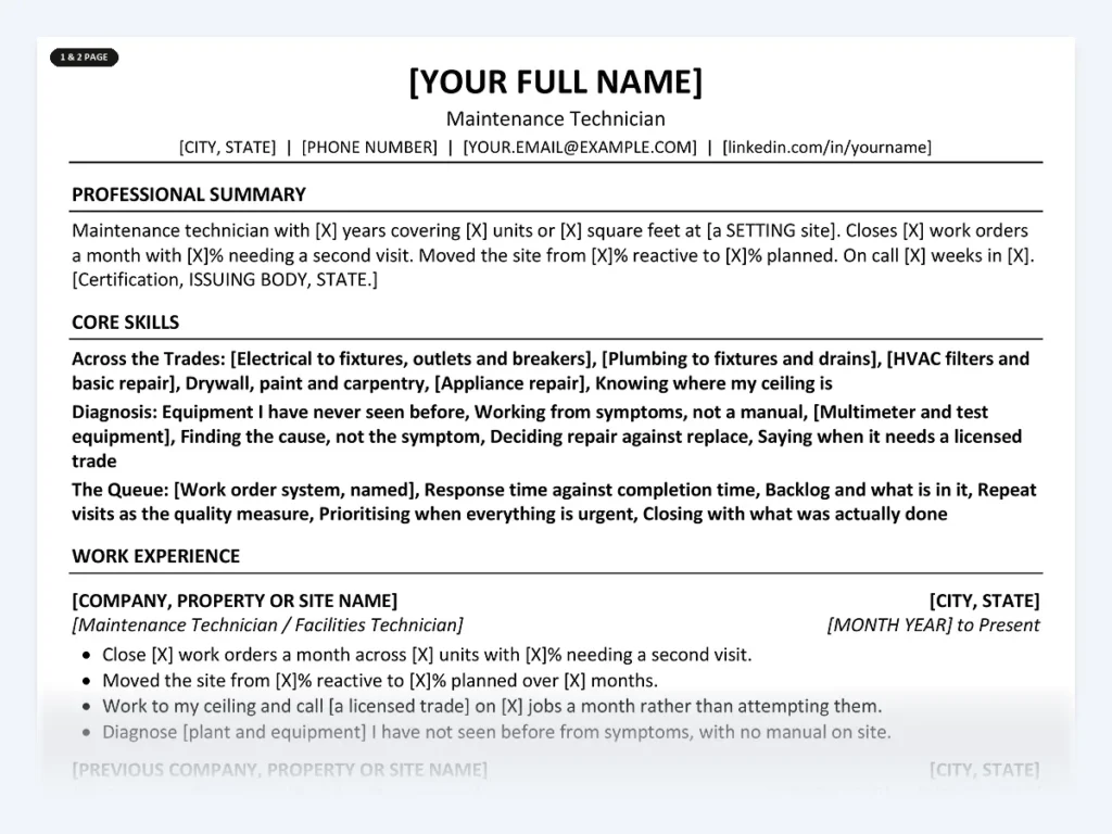 Maintenance Technician resume template, one page, ATS-friendly layout