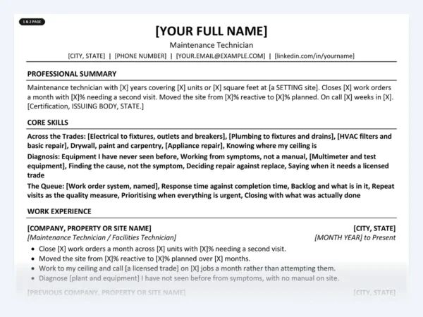 Maintenance Technician resume template, one page, ATS-friendly layout