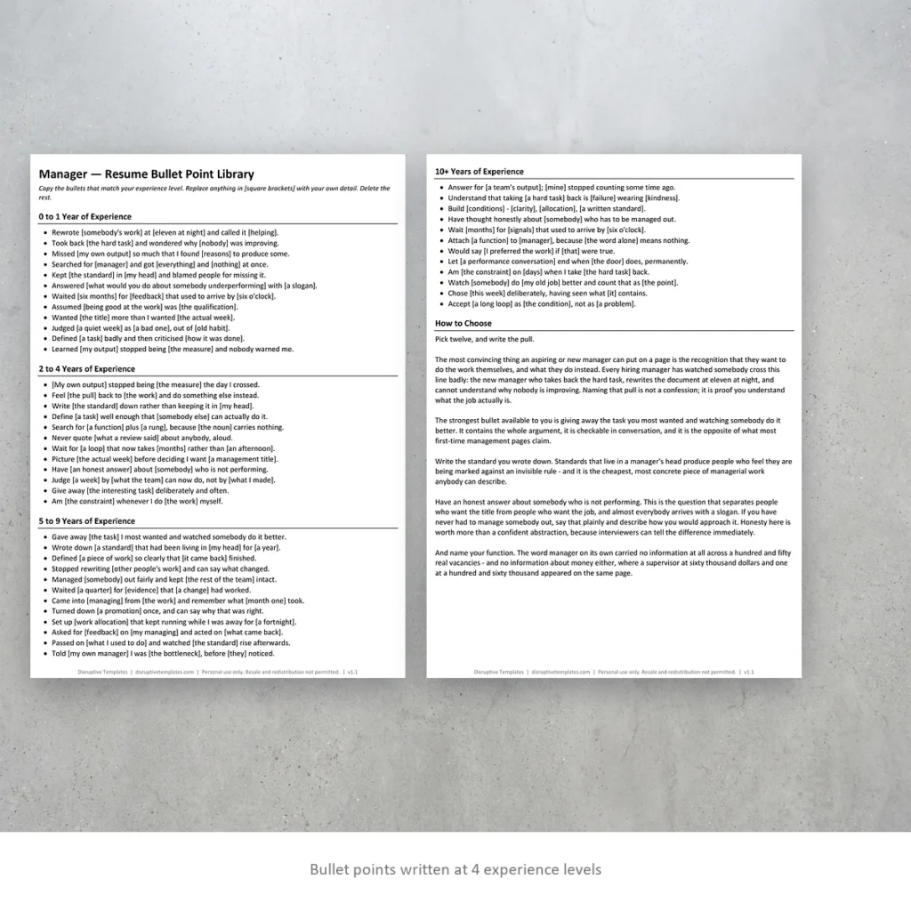 Manager resume bullet points written at four experience levels