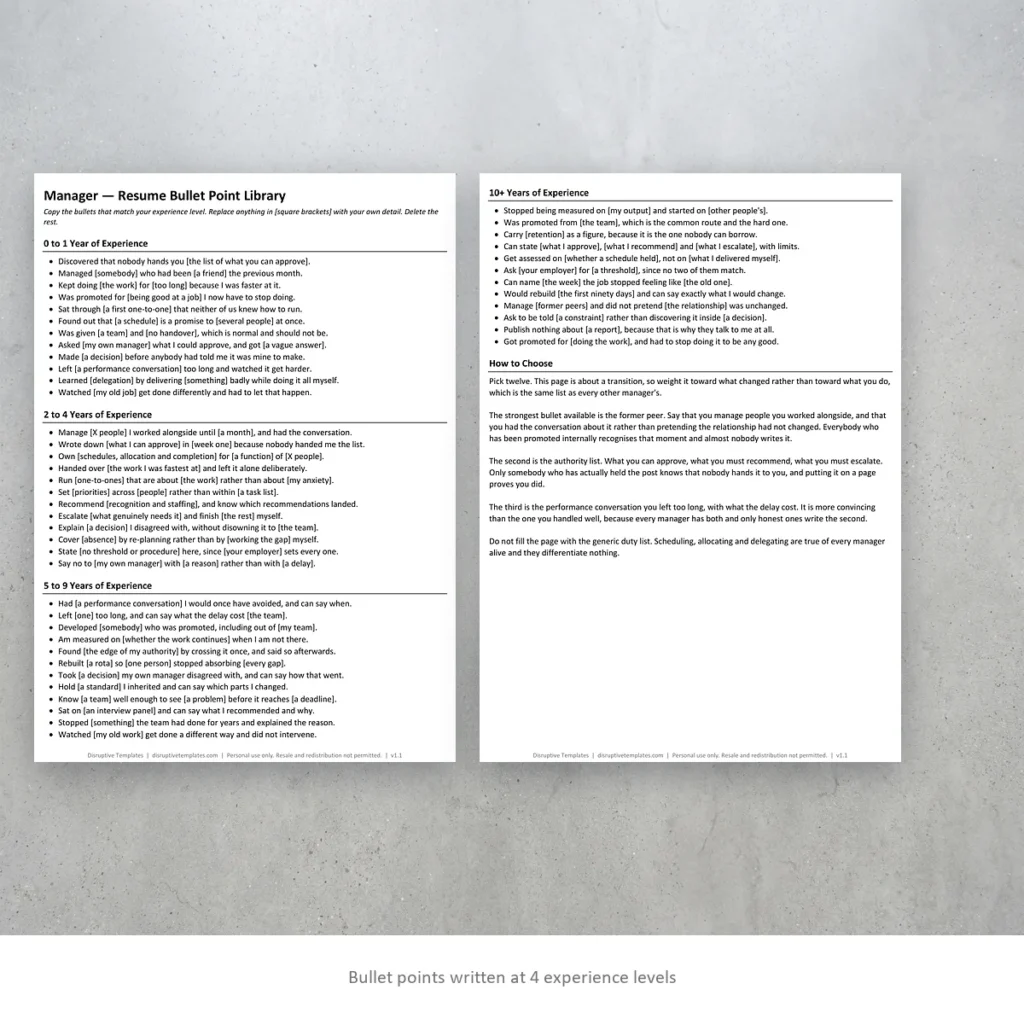 Manager resume bullet points written at four experience levels