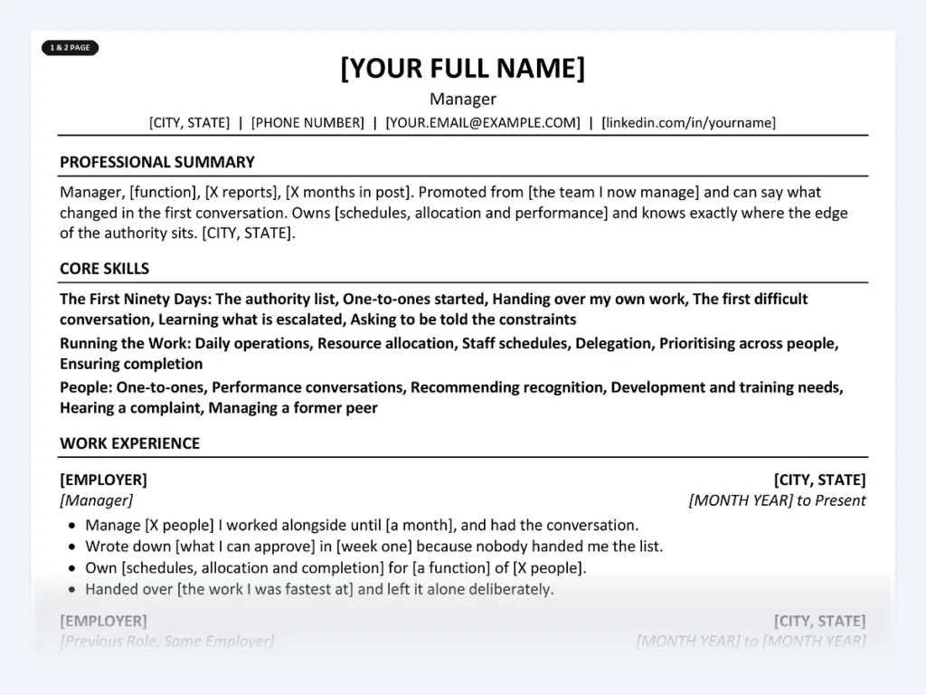 Manager resume template, one page, ATS-friendly layout