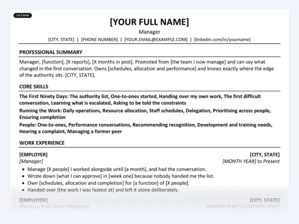 Manager resume template, one page, ATS-friendly layout