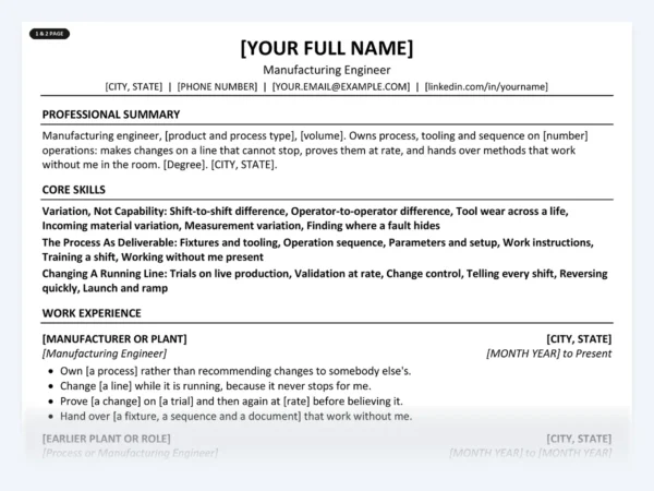 Manufacturing Engineer resume template, one page, ATS-friendly layout