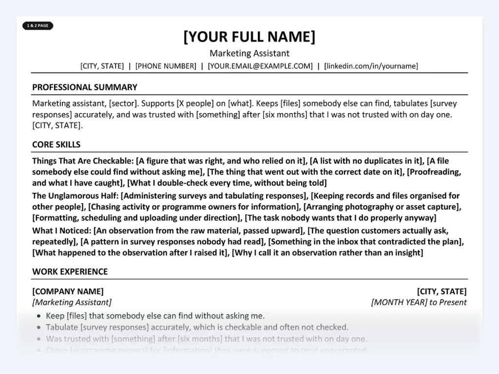 Marketing Assistant resume template, one page, ATS-friendly layout