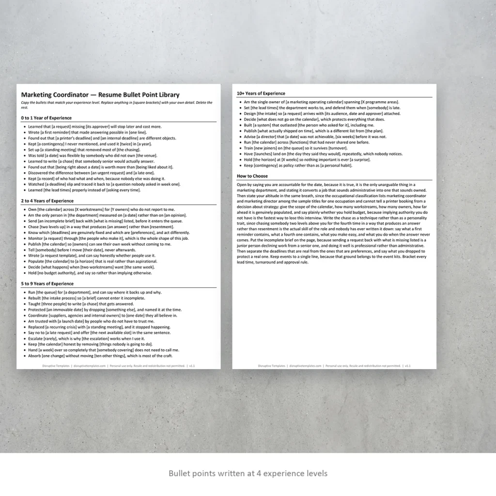 Marketing Coordinator resume bullet points written at four experience levels