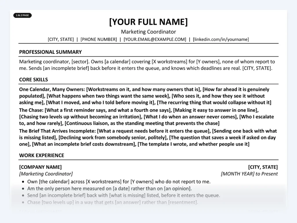 Marketing Coordinator resume template, one page, ATS-friendly layout