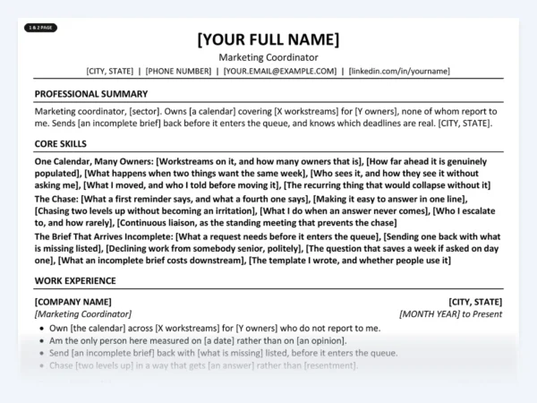 Marketing Coordinator resume template, one page, ATS-friendly layout