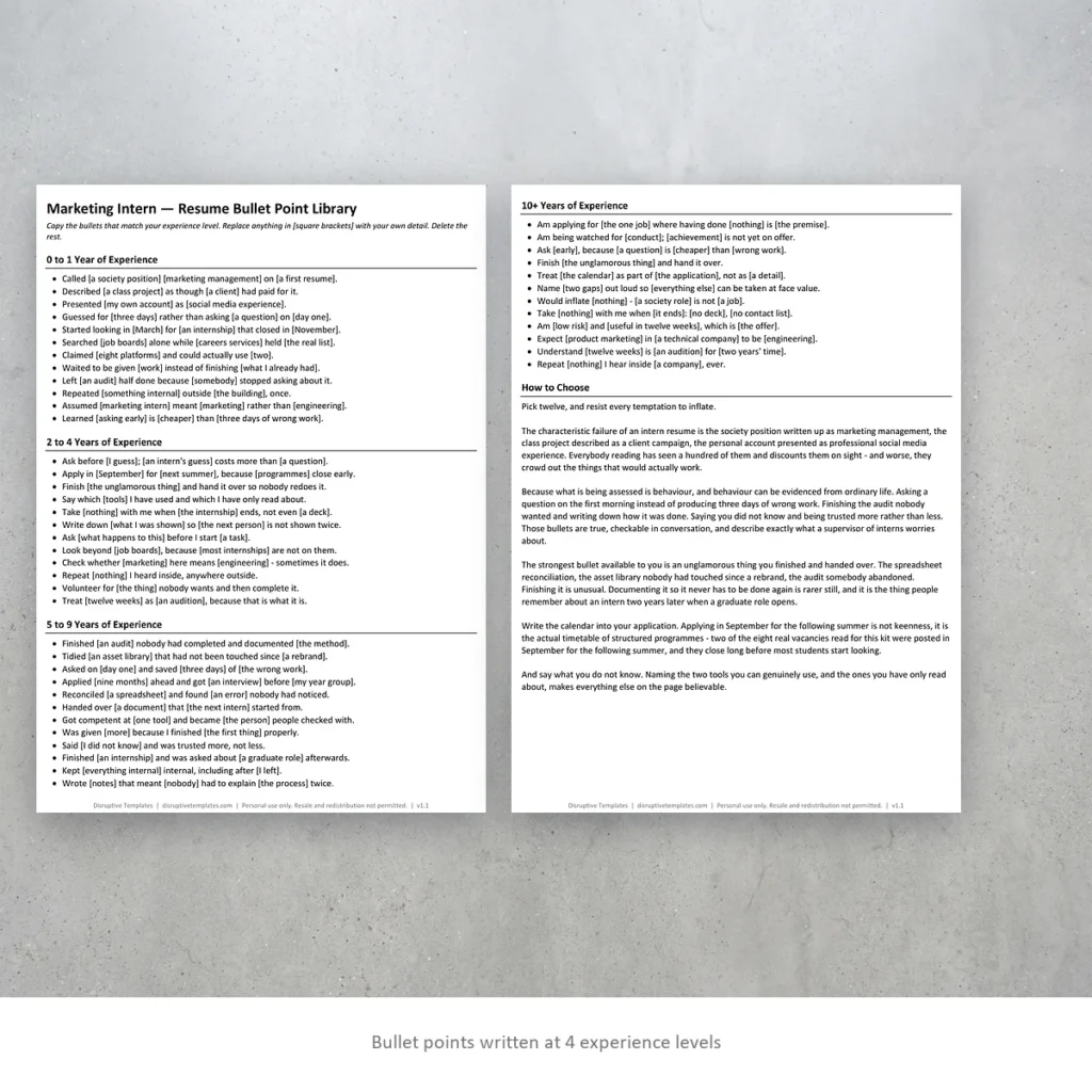 Marketing Intern resume bullet points written at four experience levels