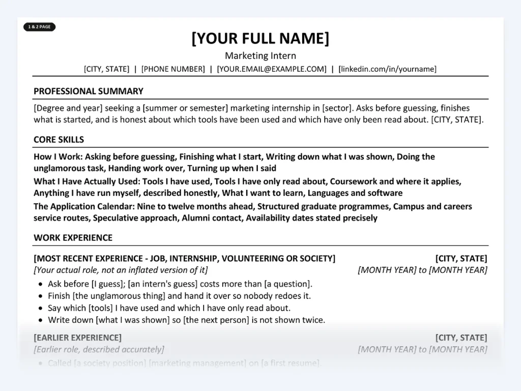 Marketing Intern resume template, one page, ATS-friendly layout