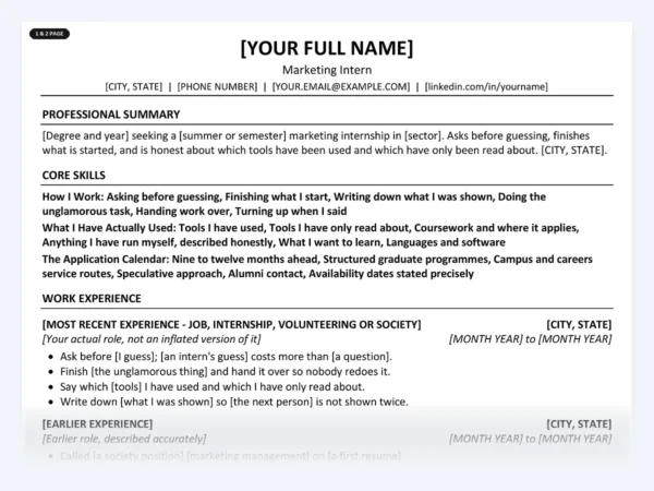 Marketing Intern resume template, one page, ATS-friendly layout
