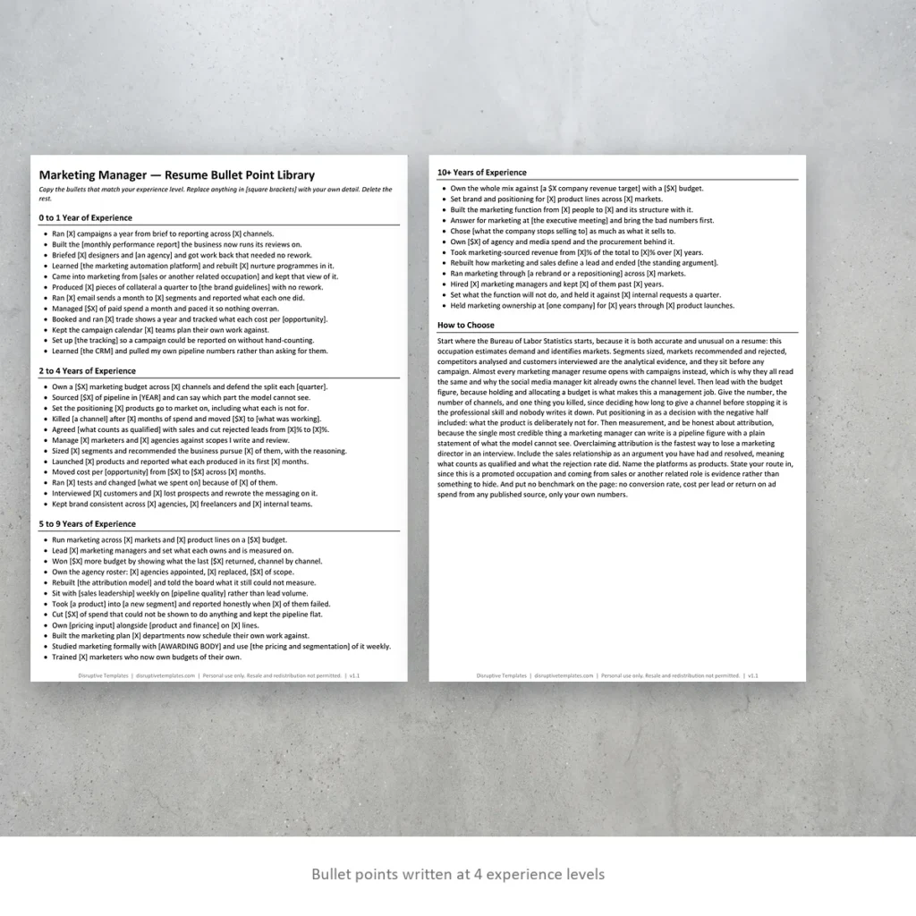 Marketing Manager resume bullet points written at four experience levels