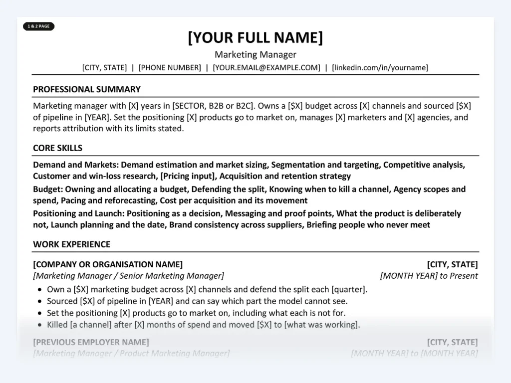 Marketing Manager resume template, one page, ATS-friendly layout