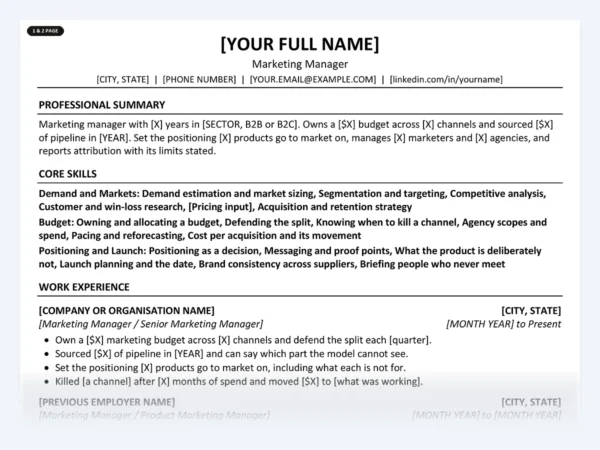 Marketing Manager resume template, one page, ATS-friendly layout