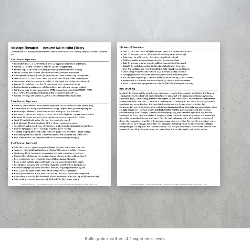 Massage Therapist resume bullet points written at four experience levels
