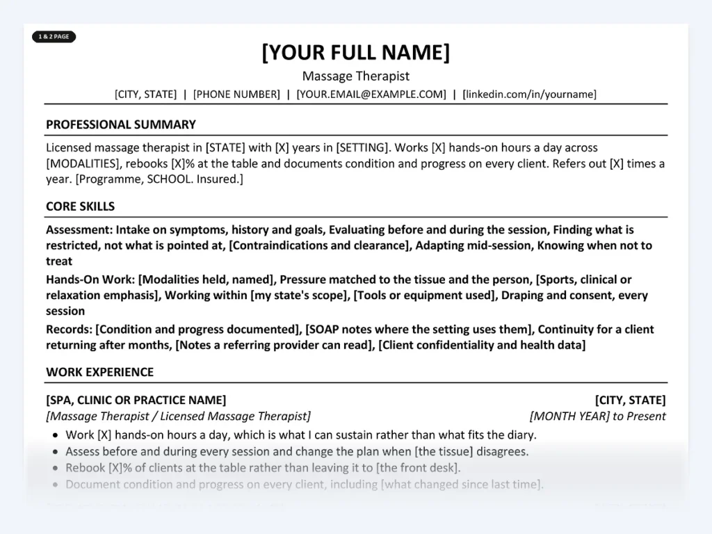 Massage Therapist resume template, one page, ATS-friendly layout