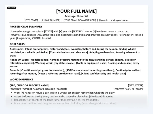 Massage Therapist resume template, one page, ATS-friendly layout