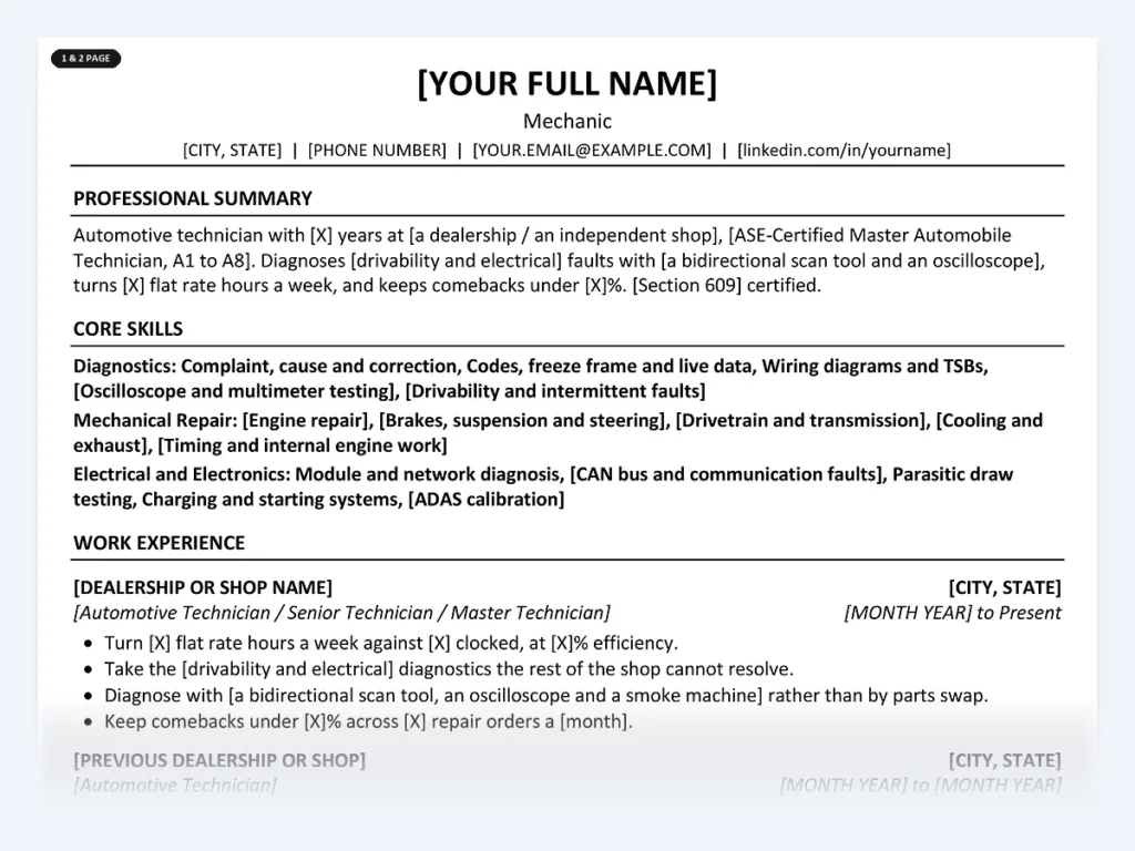 Mechanic resume template, one page, ATS-friendly layout